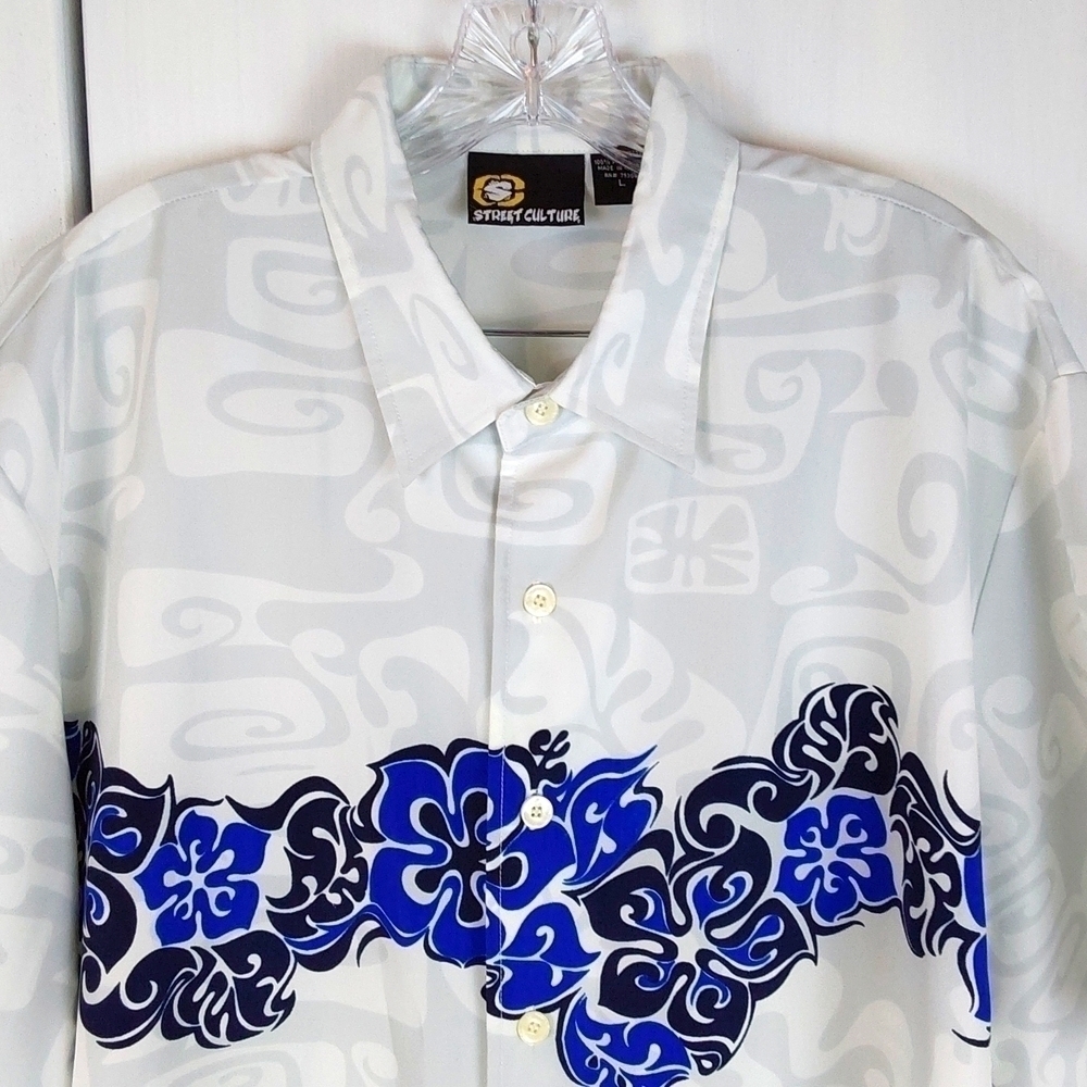 Street Culture| Mens Silky Blue White Pattern Button Down Dress Shirt  Sz.Large